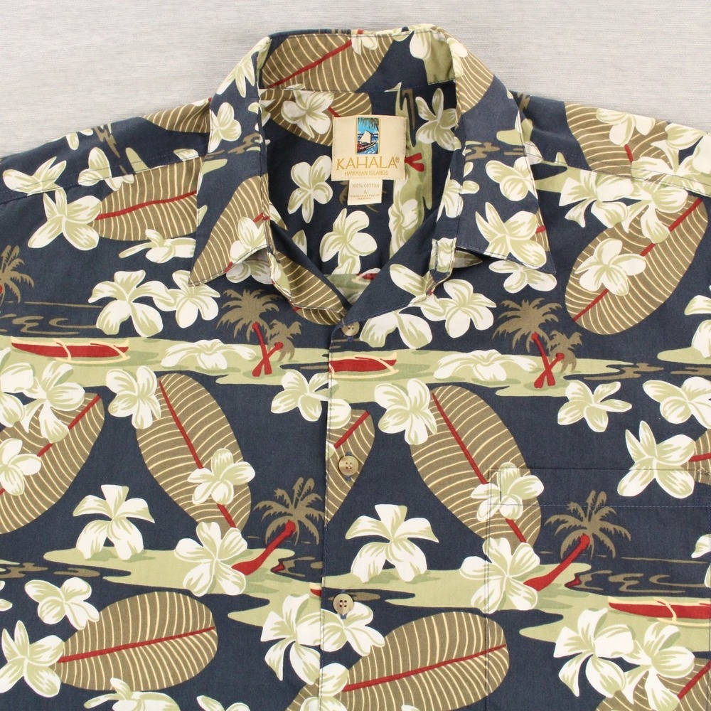 Kahala Canoe Palm Hawaiian Shirt Mens Size L Blue Floral Cotton